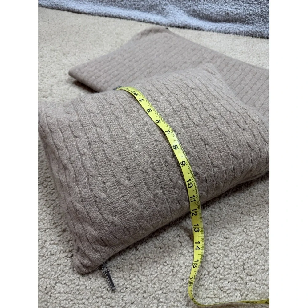 Ralph Lauren 100% Cashmere Cable Knit Blanket Throw Wrap 43x56 + Pillow Tan‎ Set